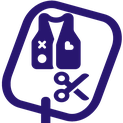 Symbol einer Weste mit Flicken, darunter eine Schere, umgeben von einem abgerundeten Rahmen