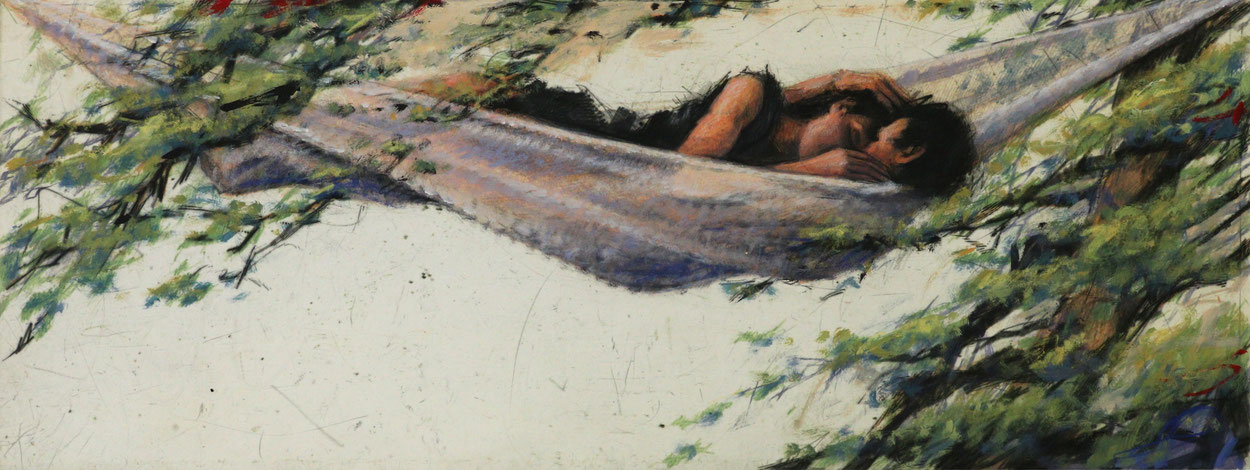 Hängematte im Laub, (Orig. Grafik), 100 x 38 cm
