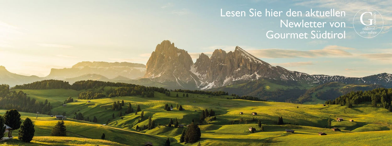 Panoramablick auf die Seiser Alm in Südtirol mit Dolomiten im Hintergrund bei Sonnenaufgang.