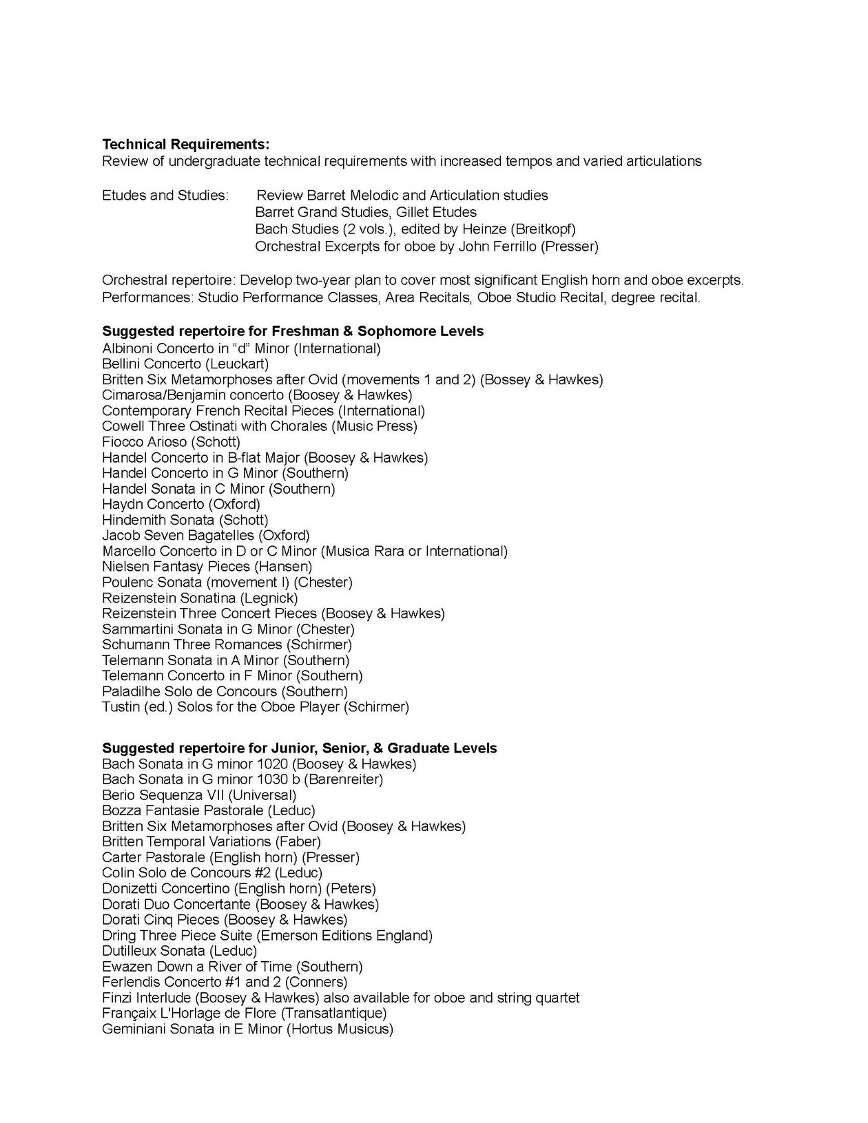 Oboe Studio Syllabus Nora Lewis, Oboist