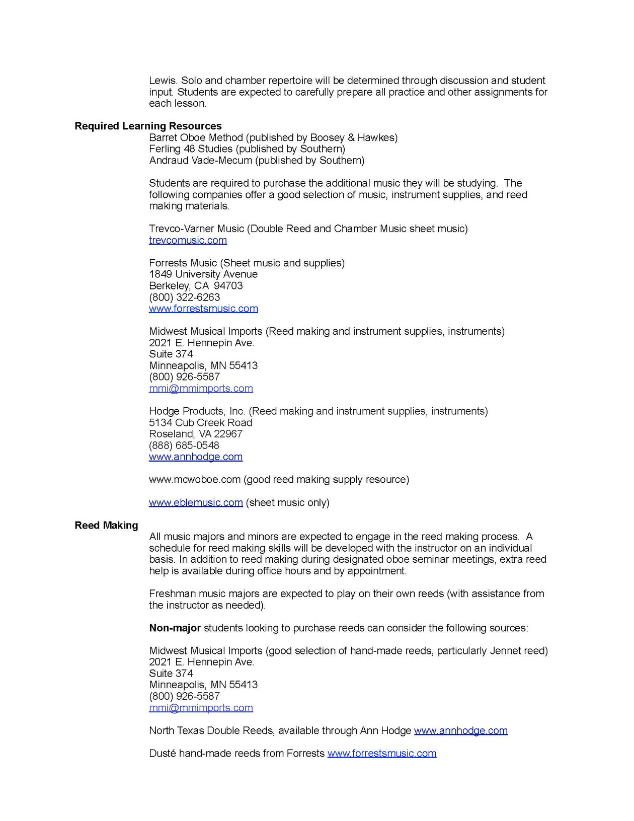 Oboe Studio Syllabus Nora Lewis, Oboist