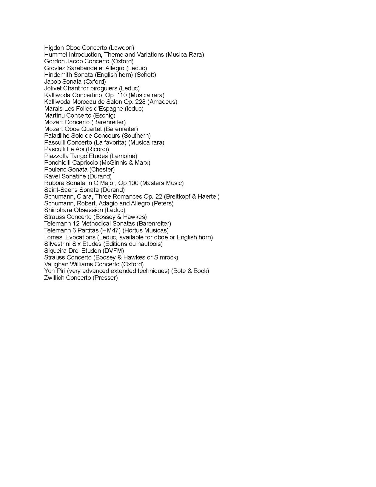 Oboe Studio Syllabus Nora Lewis, Oboist