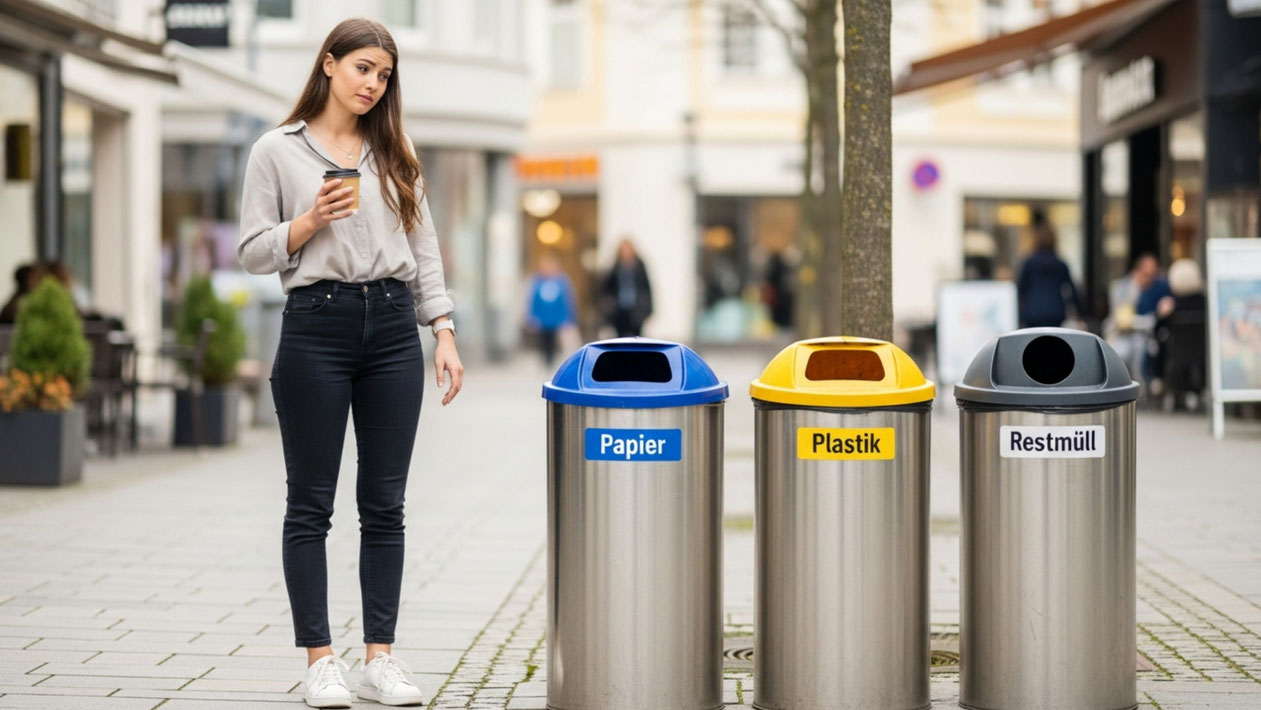 Wohin mit dem Coffee-to-Go-Becher? Weil auch Papier-Becher in der Regel innen beschichtet sind, gehören sie in die Gelbe Tonne. Foto: Debeka/KI