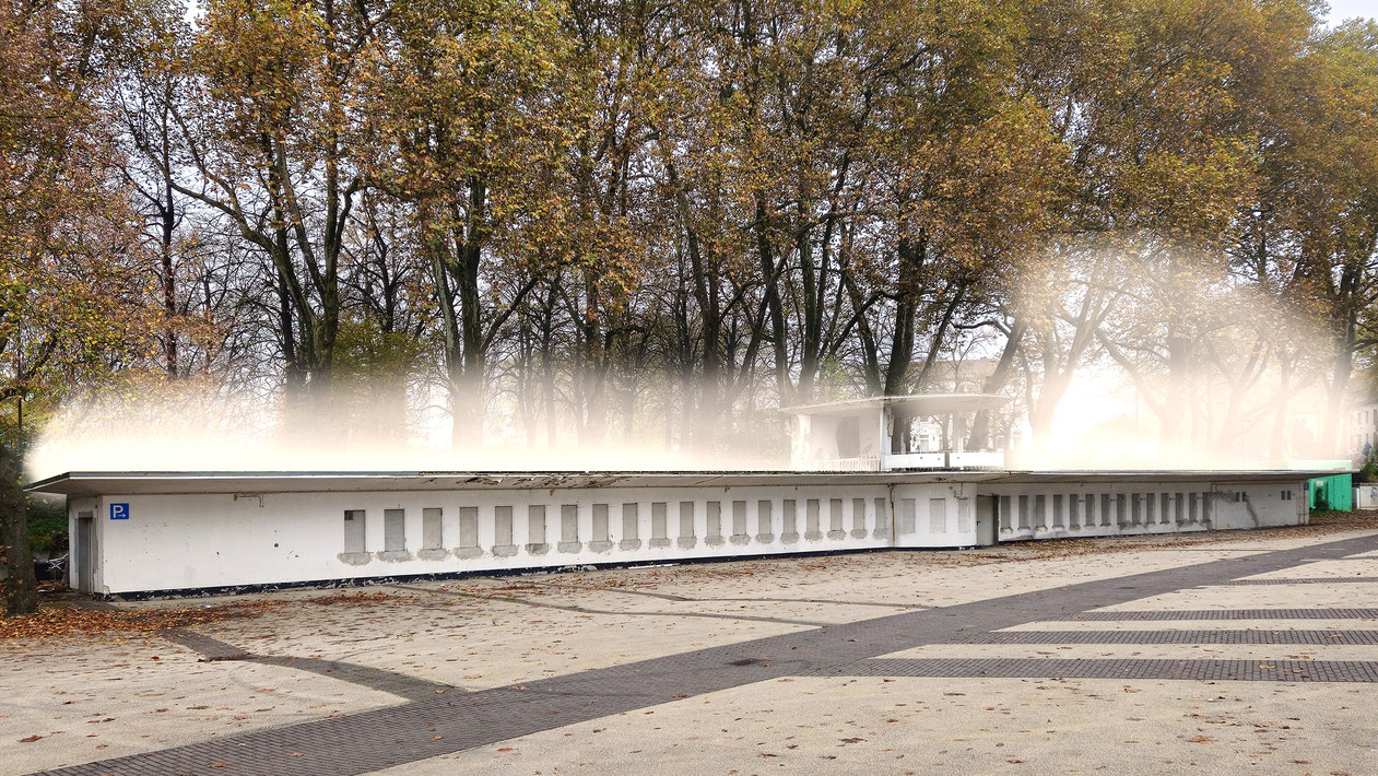 Der Totalisator (wurde zur LAGA teilsaniert) am Haupteingang als Ereignis: „AQUAER – in der Luft liegend“ von Hannah Schneider aus Köln. Credits Visualisierung: LAGA Neuss 2026 GmbH & Hannah Schneider