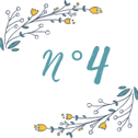 Icône numérique 'n°4' avec décoration florale dans les tons bleus et jaunes."