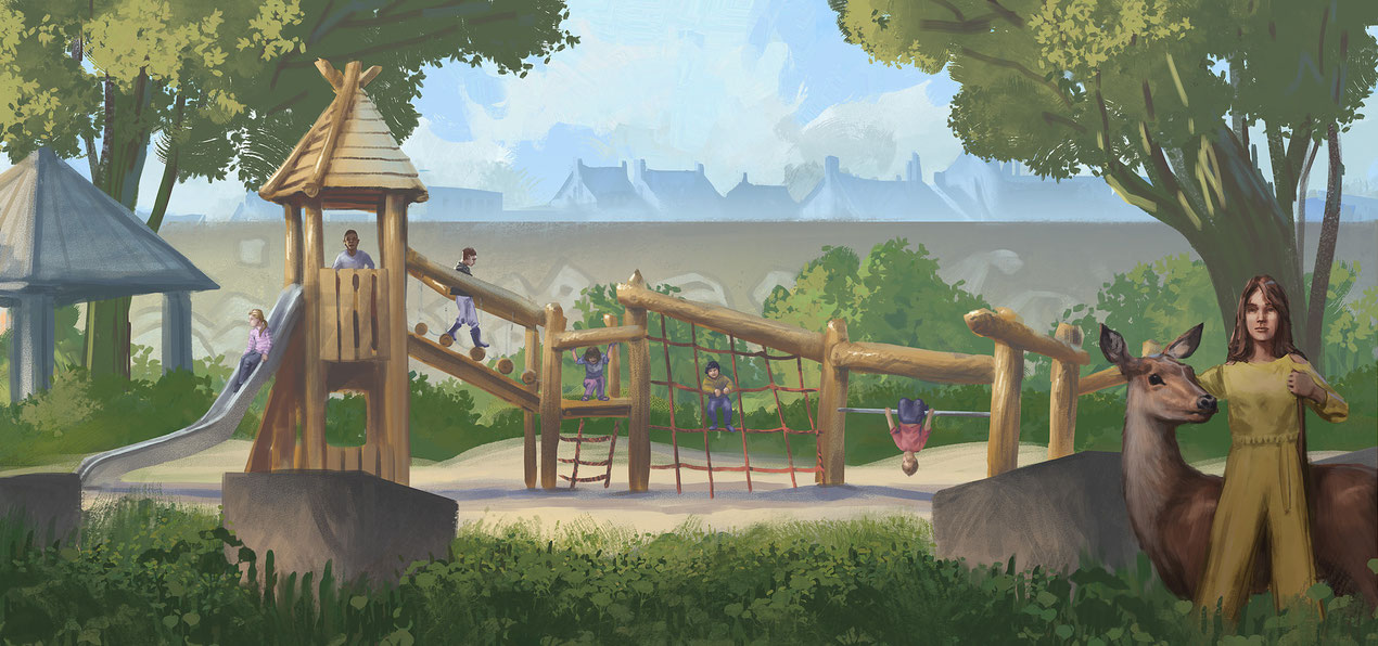 Illustration des neuen Spielplatzes mit Rutsche, Turm und Brücke. 