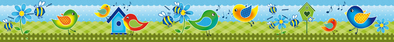 fröhliche Kinderbordüre mit bunten Vögelchen, Vogelhäuschen, Blumen und Bienen - in den Farben blau grün
