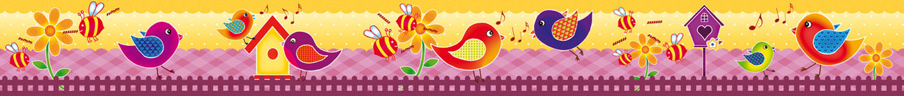 fröhliche Kinderbordüre mit bunten Vögelchen, Vogelhäuschen, Blumen und Bienen - in den Farben gelb lila