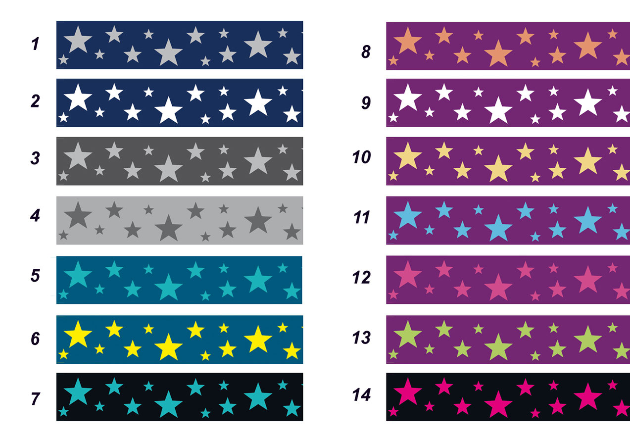 umweltfreundliche Vlies Bordüre für Kinder mit vielen unterschiedlich großen Sternen in verschiedenen Farbenvarianten