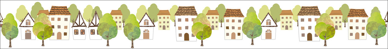 Vliesbordüre mit idyllischen Fachwerkhäusern und Bäumen in den Farben grün, rot und braun auf weißem Hintergrund, umweltfreundlich, nachhaltig und für Allergiker geeignet