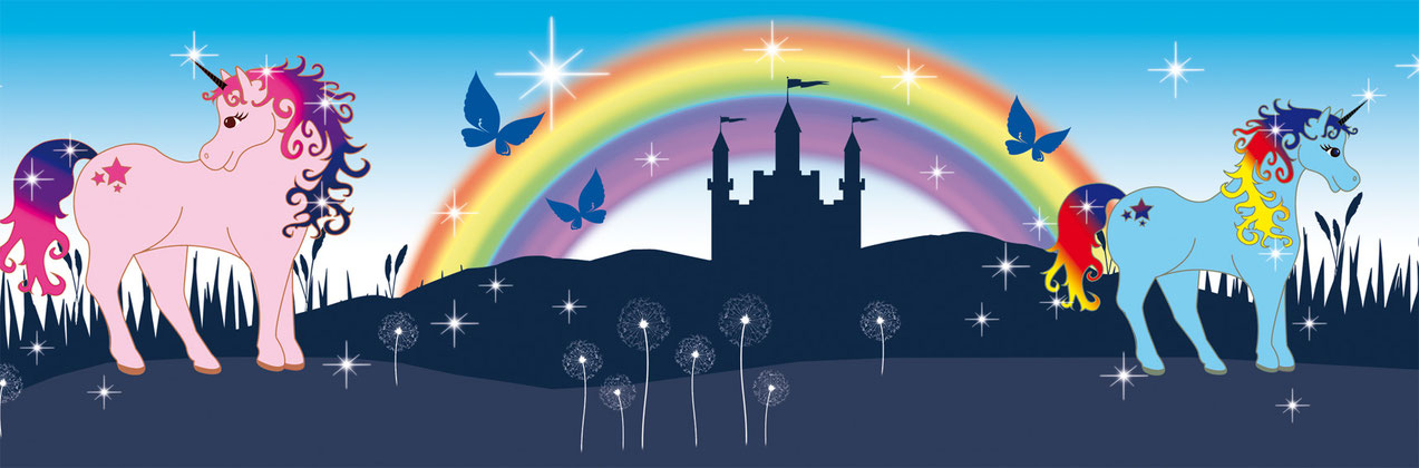 wunderschöne umweltfreundliche Kinderbordüre - mit bunten Glitzer Einhörnern, Sterne, Regenbogen, Märchenschloss, Schmetterlingen und Pusteblumen in den Farben blau