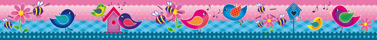 fröhliche Kinderbordüre mit bunten Vögelchen, Vogelhäuschen, Blumen und Bienen - in den Farben rosa blau