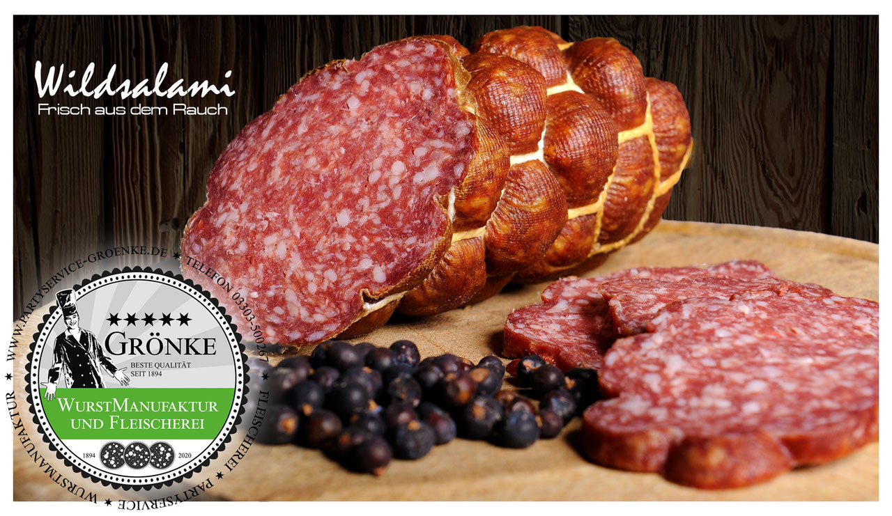 Wildsalami, frisch aus dem Buchenrauch - Fleischerei, Partyservice und Wurstmanufaktur Grönke