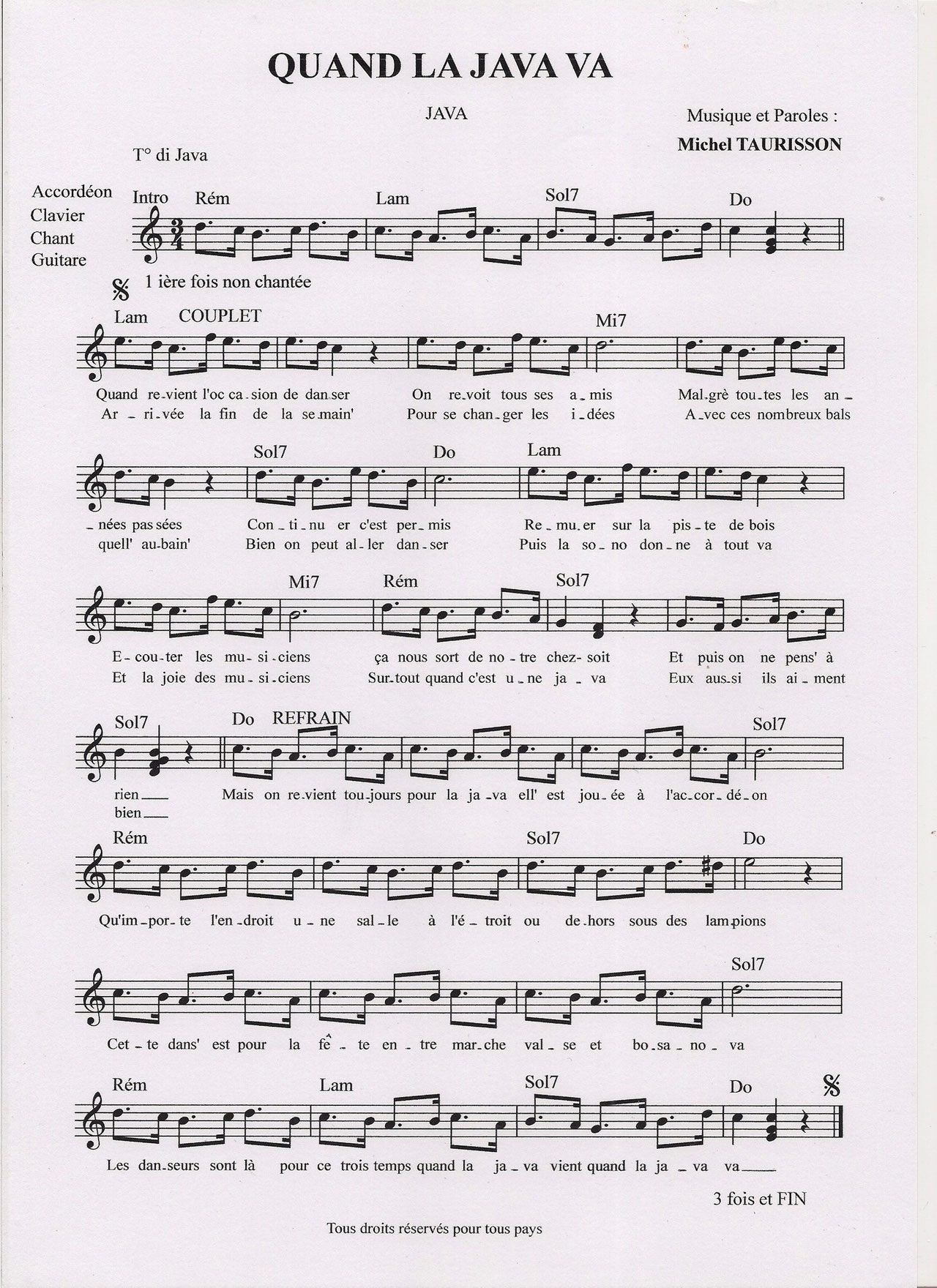 JAVA Partitions gratuites,Michel TAURISSON,Accordéon