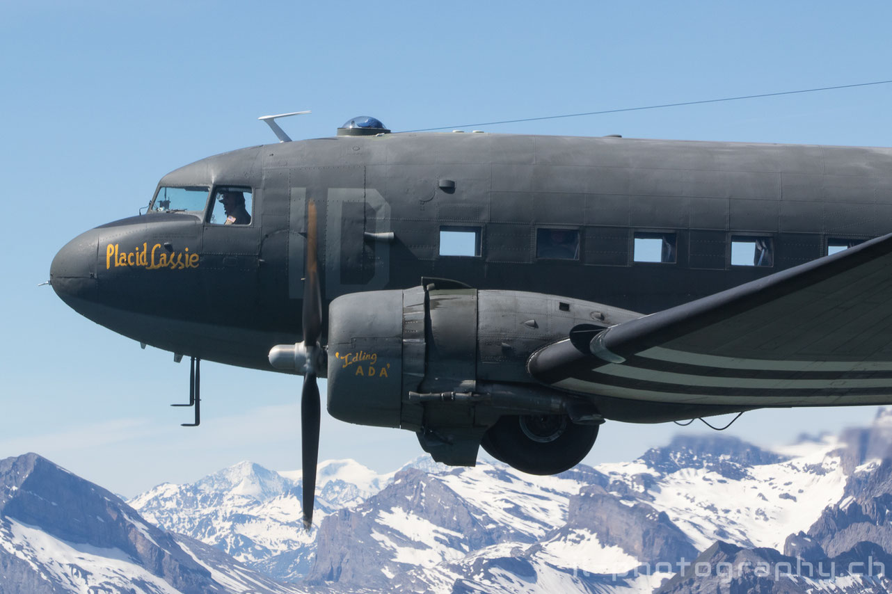 Douglas DC-3 C-47 Placid Lassie and two Classic Formation Beech 18 in the Swiss Alps.