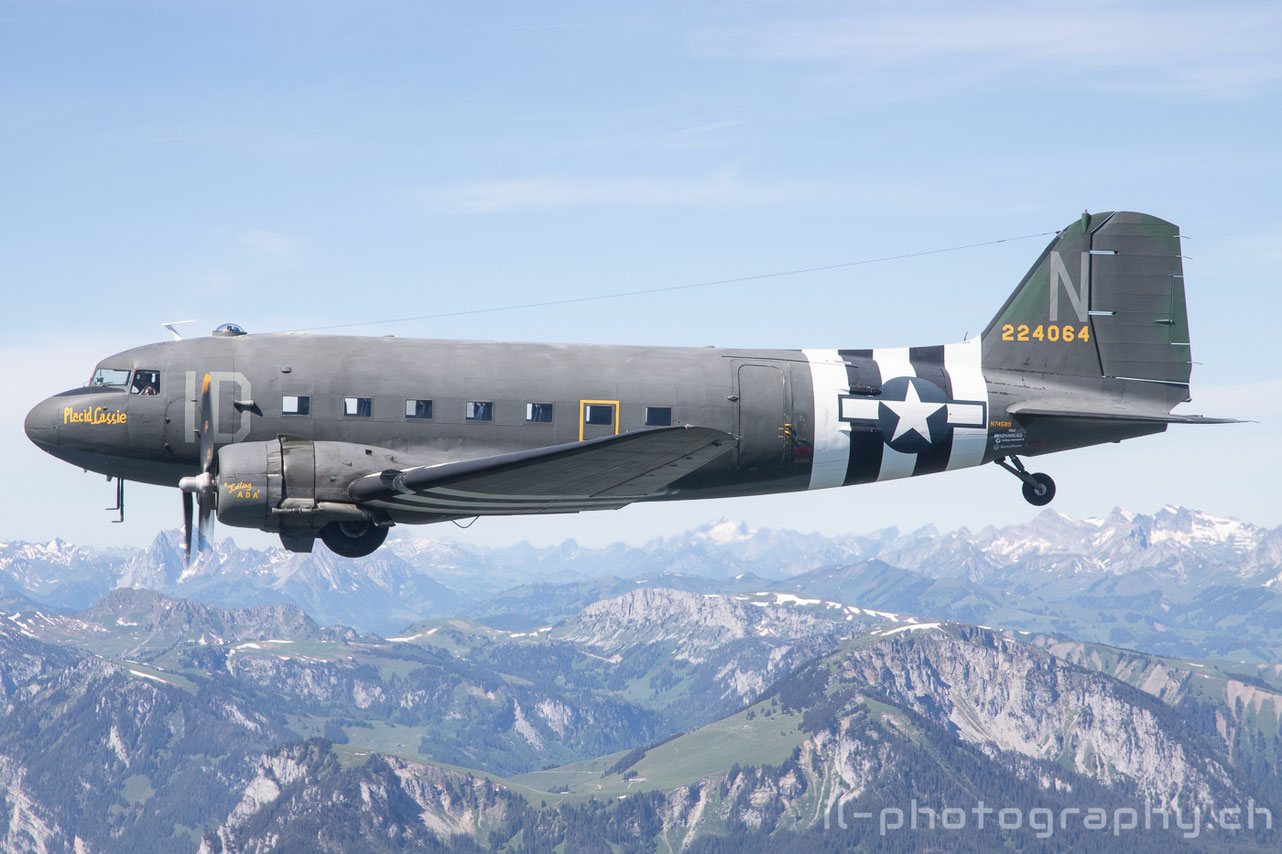 Douglas DC-3 C-47 Placid Lassie and two Classic Formation Beech 18 in the Swiss Alps.