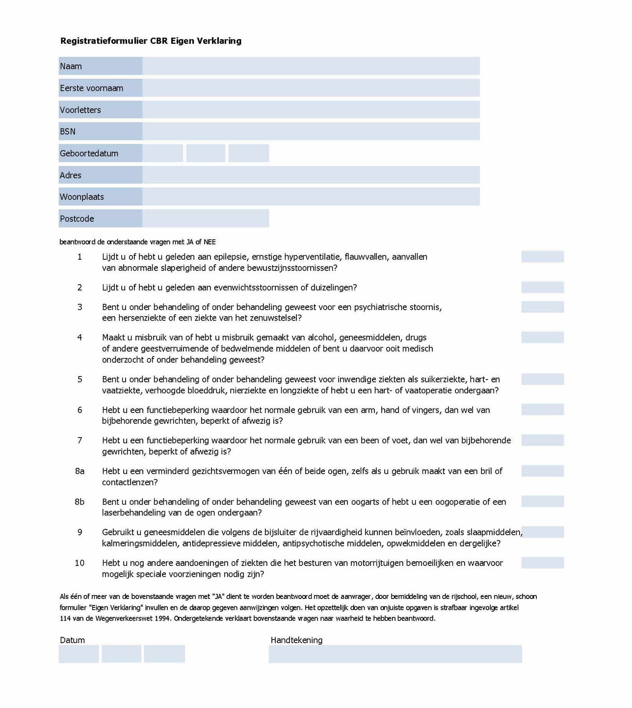 Verklaring van gezondheid CBR Autorijschool Hartkamp