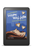 Cover 'Vegane Waffeln', Berlin-Sykyline als Schatten vor einem blauen Hintergrund, vorne die Zeichnung einer Frau mit beiger Haut und rotem Haar im Profil, sie öffnet ihren Mund. Waffeln fliegen um sie herum.