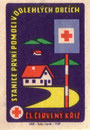 First aid for remote places: cs. cerveny kriz [czecho-slovak red cross]. 1959. czechoslovakia. matchbox label. print. ephemera. art. graphic design. Stanice prvni pomoci v odlehlych obcich.