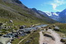 Immer das Dreigestirn Ortler, Monte Zebru und Königsspitze vor Augen, wanderte ich gemütlich dem Tal auswärts führenden breiten Weg Richtung Bergstation Kanzellift zurück.
