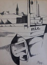 Port étude, env. 1950 (dessin à l'encre, 33 x 25 cm, coll. part. MAM)