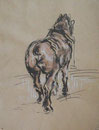 Cheval de labour (encre de Chine, huile, 30 x 24 cm, coll. part. MC)