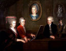 Familia Mozart hacia 1780, Johann Nepomuk della Croce. De izquierda a derecha, Nannerl, Wolfgang y Leopold. El retrato de la pared es de Anna Maria, la madre de Mozart, que falleció en 1778.
