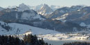 Ausblick vom Restaurant Körnlisegg über den Sihlsee, Einsiedeln und die Mythen