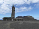 Nach dem Vulkanausbruch 1957 der beschädigte Leuchtturm bei Capelinhos auf Faial