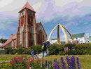 Hauptkirche mit Walknochen  in Port Stanley, Falkland Islands, U.K.