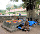 Meditierender Mönch am  Mahabodhi Tempel von Bodhgaya, Indien