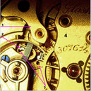 1 Separter Ankerradkloben der Deutschen Präzisionsuhr "Original Glashütte" DRGM 1924; 2 Schweizer Ankergang mit offenen Paletten; 3. 2 Bohrungen für Begrenzung des Ankerganges nach Ernst Kasiske & Hugo Müller DRGM 1902; 4. 2/3 Platine nach Müller