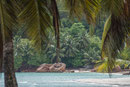 Blick aus dem Restaurant des Hotel Cote d'Or Lodge auf die Anse Volbert