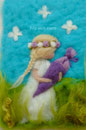 WOLLBILD MÄDCHEN MIT SCHULTÜTE/ZUCKERTÜTE LILA - SCHULANFANG - FILZ MIT HERZ  FILZBILDER WOLLBILDER