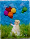 WOLLBILD MÄDCHEN MIT LUFTBALLONS - FILZ MIT HERZ  FILZBILDER WOLLBILDER
