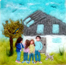 WOLLBILD FAMILIE MIT HUND VORM HAUS - FILZ MIT HERZ FILZBILDER WOLLBILDER