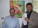 Prof. Blaha und Organisator Franz Krispel, mit Schwein von Hans Wilhelm
