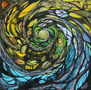 Gelb-Blau-Fusion,Alucollage+Sgraffito,50x50,2012