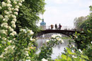 Blühende Sträucher im Mai. Menschen stehen auf der Roten Brücke mit Blick auf Schloss Charlottenburg. Foto: Helga Karl