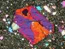 Augit-Kristall mit Sanduhr-Struktur unter gekreuzten Polarisatoren, Foto: Dr. Hans-Peter Schertl