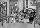 Fumeur d’opium et fumeur de tabac assis sur un kwañ. Le premier tient la pipe à opium, qu'il va porter sur la flamme de la lampe. L’autre allume une pipe à eau. En arrière, des assiettes à gâteaux. Sur les étagères, des livres dans leur reliure mobile.