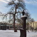 Winterimpression, Große Nike mit der Baumskulptur im bildnerischen Wettstreit, Aufnahme-Datum: 08.12.2012