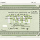 Sammelaktie der FAG Kugelfischer Georg Schäfer KGaA über 20 Aktien je 50 DM, November 1985  Unterschriften: Otto Schäfer (Aufsichtsrat) und Fritz Schäfer (Komplementär)
