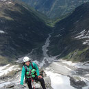 Alex making no effort of the upper third climbing. Bodenalm in the very back below.