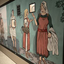 illustration market women with recessed display cases, five meters by two meters.