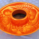 Copper round fruit ring jelly mold pan 10" x 2½”; pineapple, bananas, pears and grapes design in relief