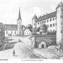 Diese nicht ganz maßstabsgetreue Zeichnung aus der Zeit vor dem Kirchenumbau 1946 zeigt den Kirchberg, der damals noch Dr. Friedrich Albert Straße hieß.
