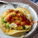 breakfast tostadas with avocado, egg, and cheese