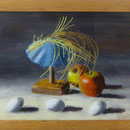Hütchen, Eier, Äpfel, 2001, Hgl, 54x42 cm, 300,-€