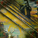 Hirschjagd, 1992, Mischtechnik auf Dekostoff, 120 x 160 cm